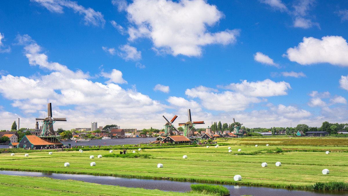 Hollands zomerbeeld: weilanden en molens onder wolkenveld (Pexels)