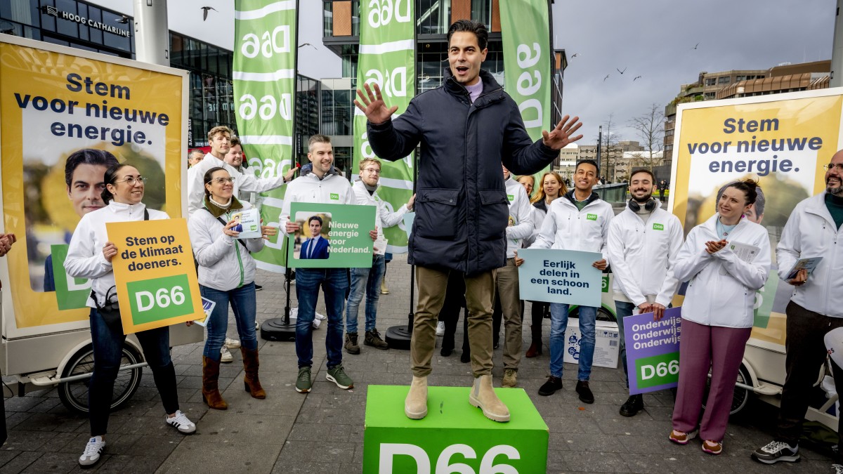 D66-leider Rob Jetten tijdens een campagnebijeenkomst in Utrecht. Foto: ANP